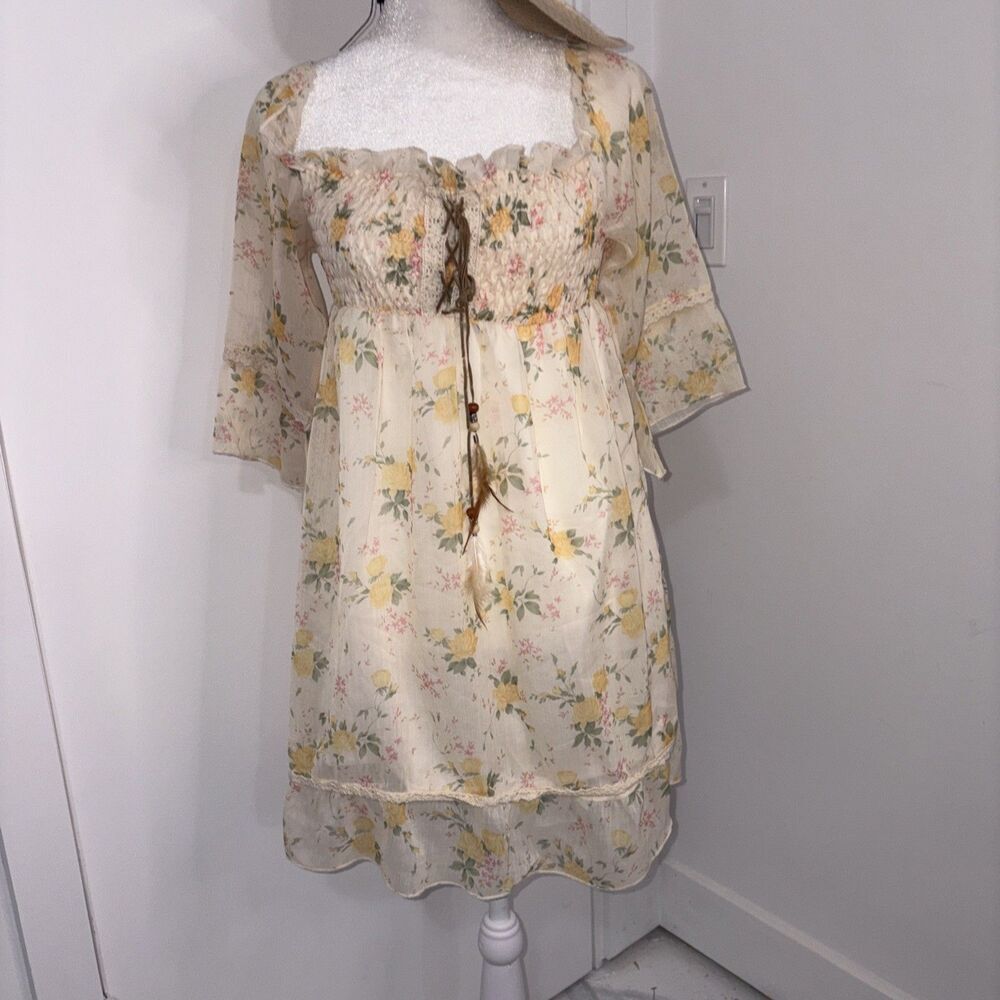 Boho Cowgirl Coquette Cottagecore Mini Dress Feathers  Crochet Empire‎ Waist Y2K